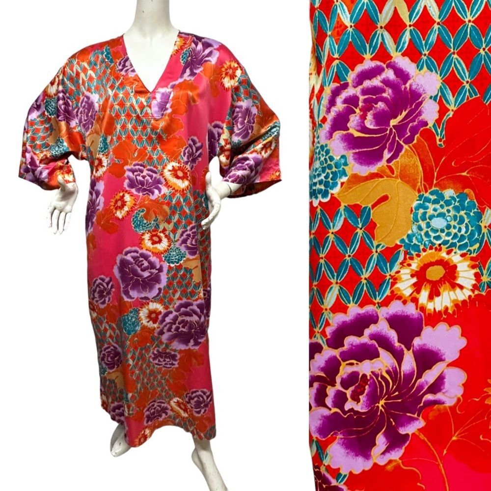 NATORI Bold Red Floral Print Caftan Nightgown Dress Robe Cover Up Oversized M /L